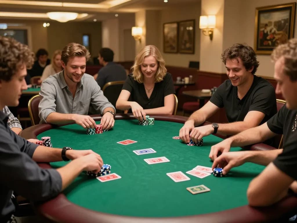 Engaging gameplay at DewaPoker with friendly players enjoying chips and cards, showcasing Alternatif Dewapoker experience.