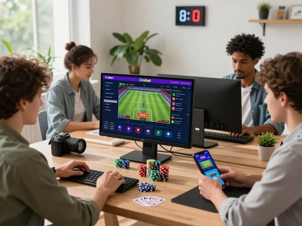 Engaged users exploring Onbet betting options on modern devices in a vibrant home office setting.