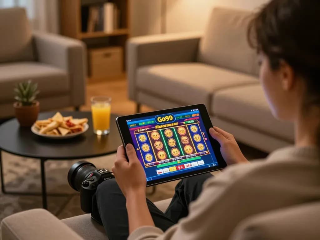 Engaging on Go99 app for online casino games while relaxing on the sofa.