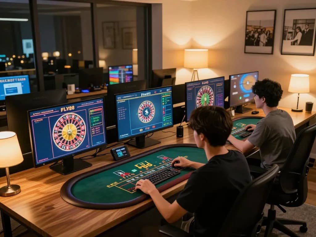 Player engaging in thrilling live dealer games through FLY88 in a stylish home setup.