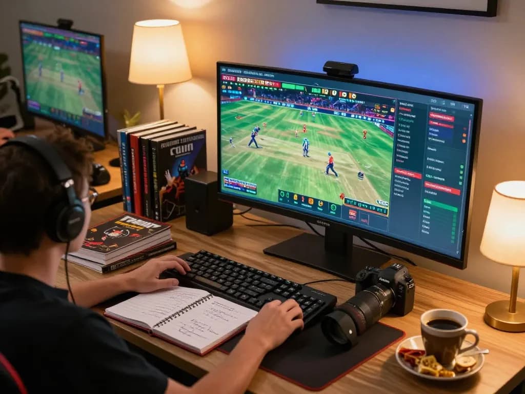 Engaging in online cricket betting on BK33 with multiple screens and cozy ambiance.