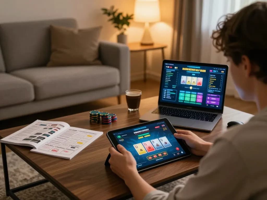 Player using tablet for online poker with 68win, showcasing strategy notes and warm home atmosphere