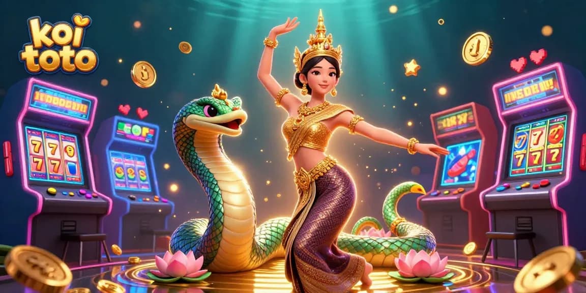 Engage with koi toto at a vibrant gaming scene featuring an Asian woman in traditional attire and Naga serpent amidst casino elements.