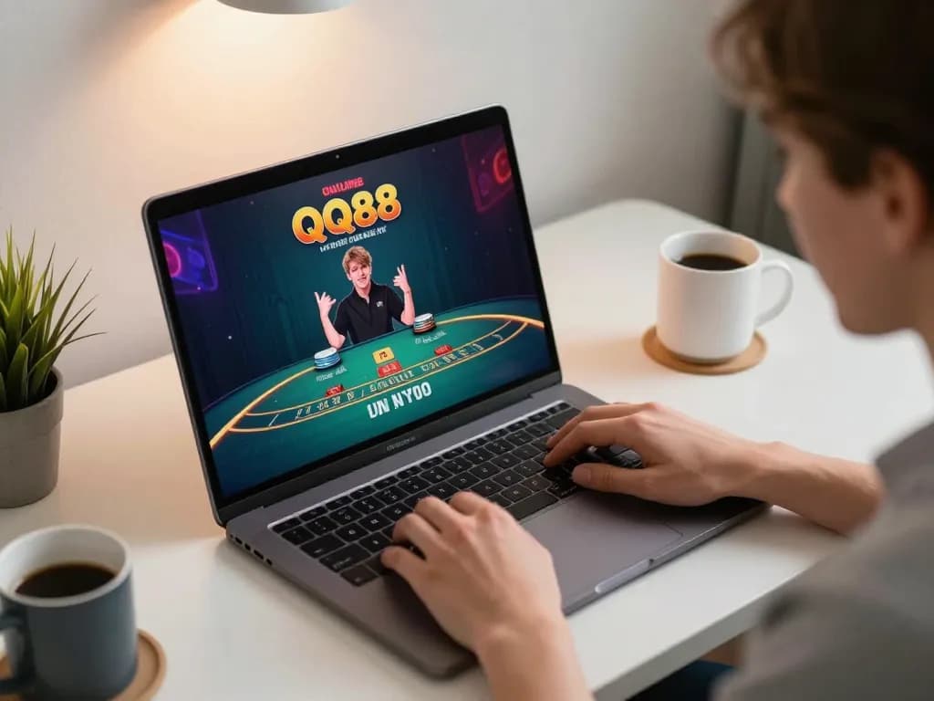 Player strategizing during a QQ88 online casino blackjack game on a laptop