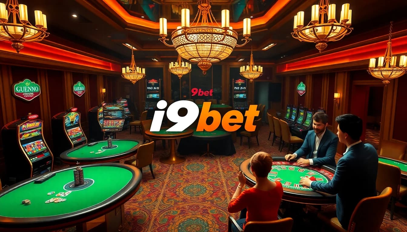 Experience the excitement of i9bet with lively casino visuals showcasing vibrant poker tables and slot machines.