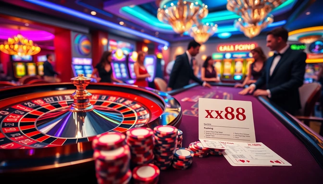 Players enjoying high-stakes gambling at xx88 casino with poker chips and cards.
