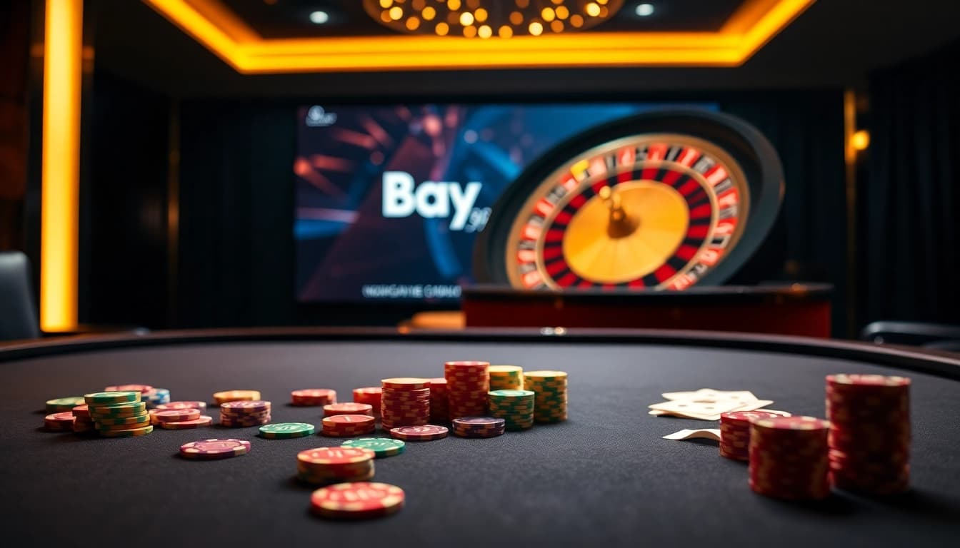Engage with Bay789's exciting online casino experience featuring vibrant poker tables and roulette wheels.