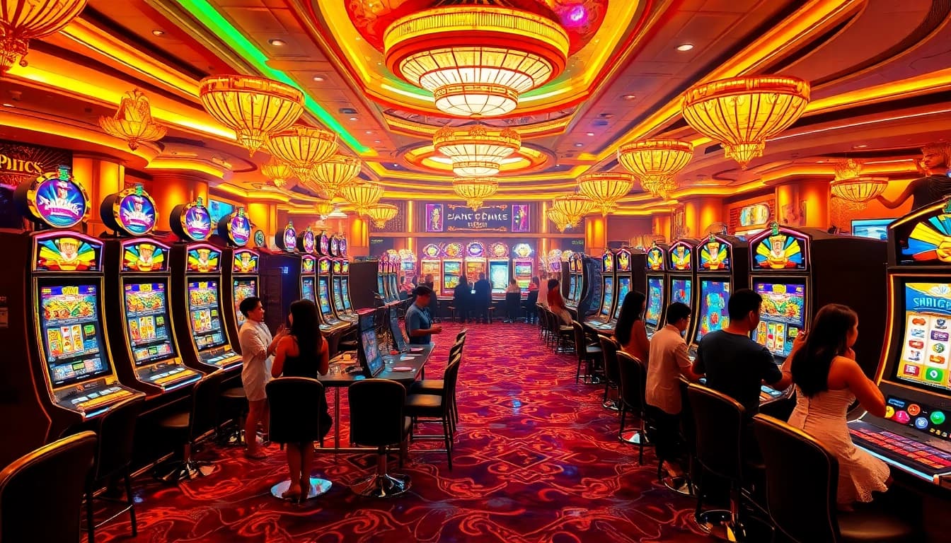 Para pemain dengan antusias terlibat dengan mesin slot gacor di lingkungan kasino mewah.