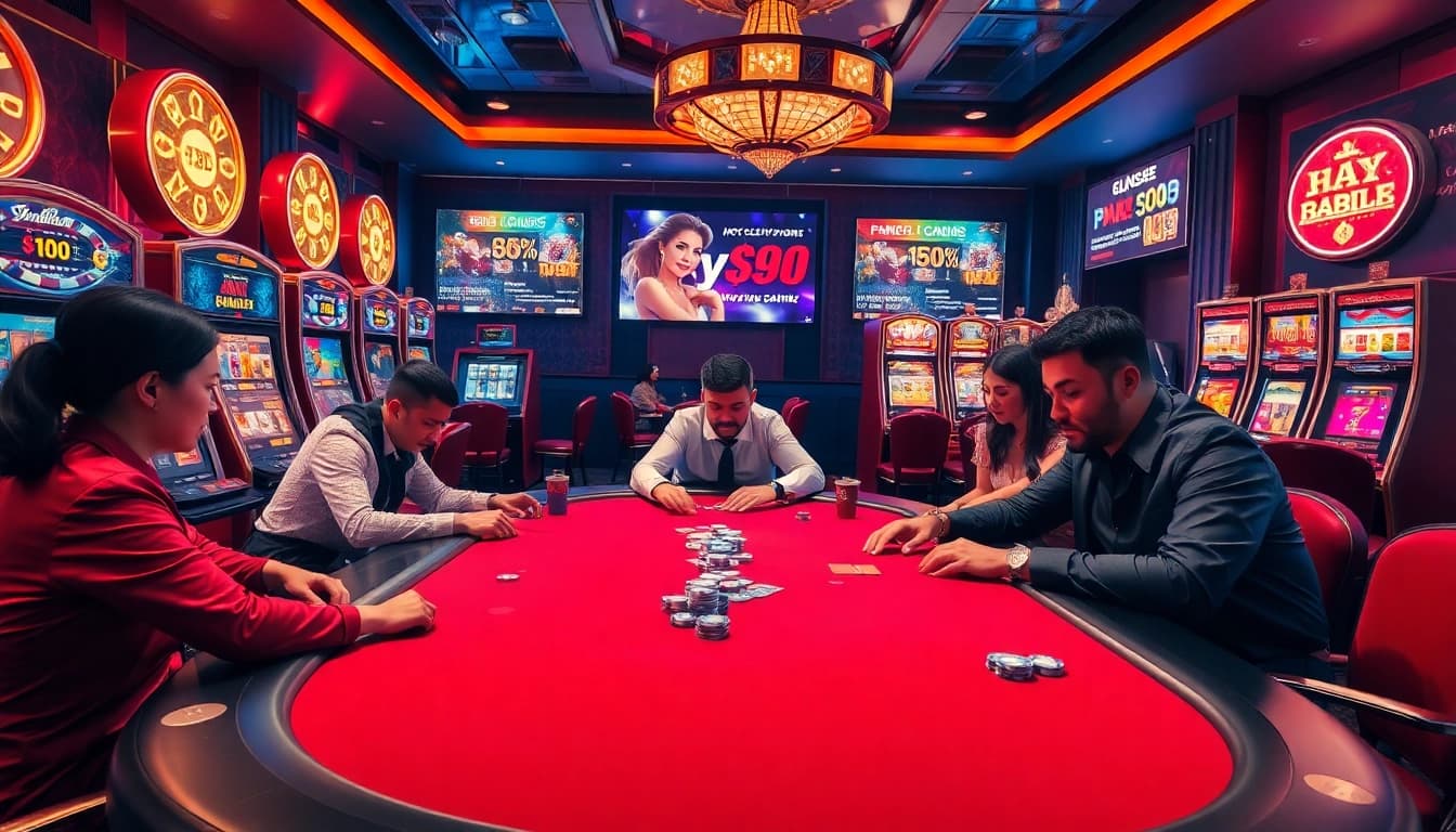 A thrilling poker game at https://hay88.my/, showcasing excitement and luxury in a vibrant casino setting.