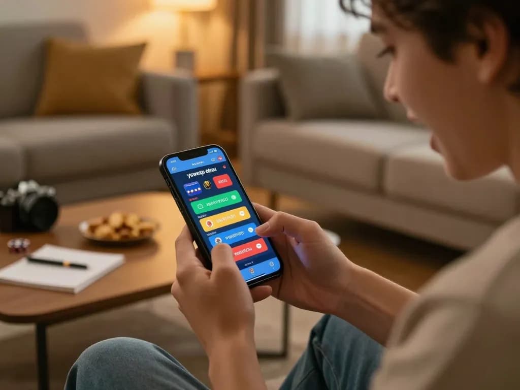 Player excitedly checking yowesjp daftar on mobile app, showcasing live betting action in a cozy home.