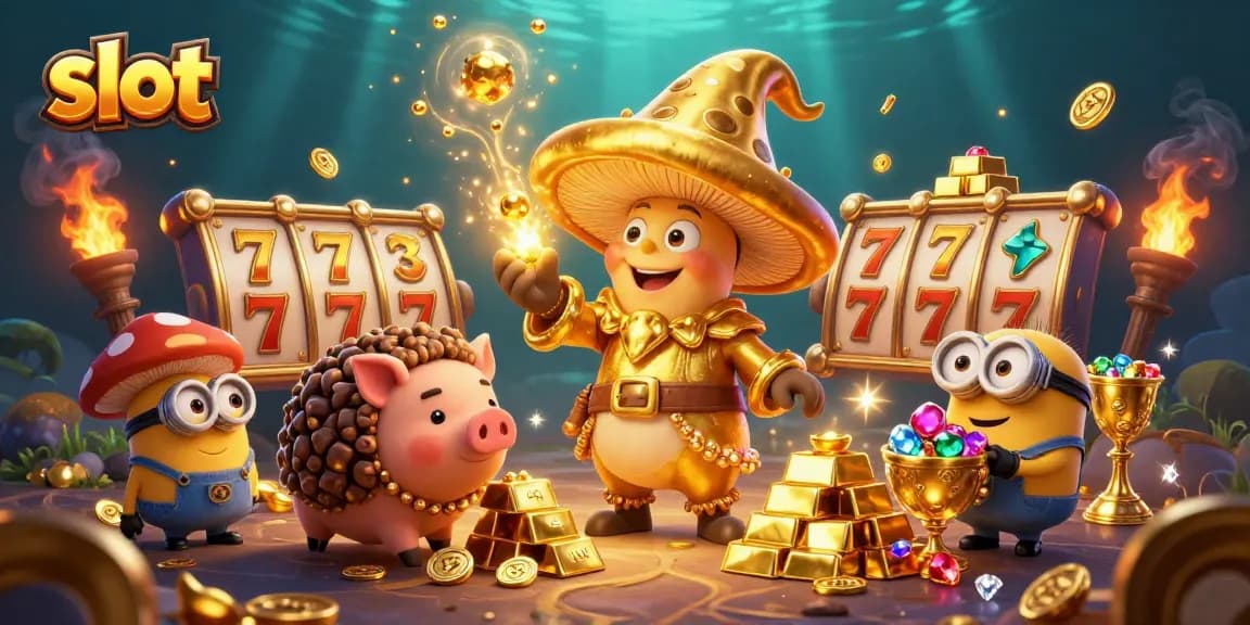 Spin slot reels and win treasures with a wizard casting golden magic in an enchanted casino.