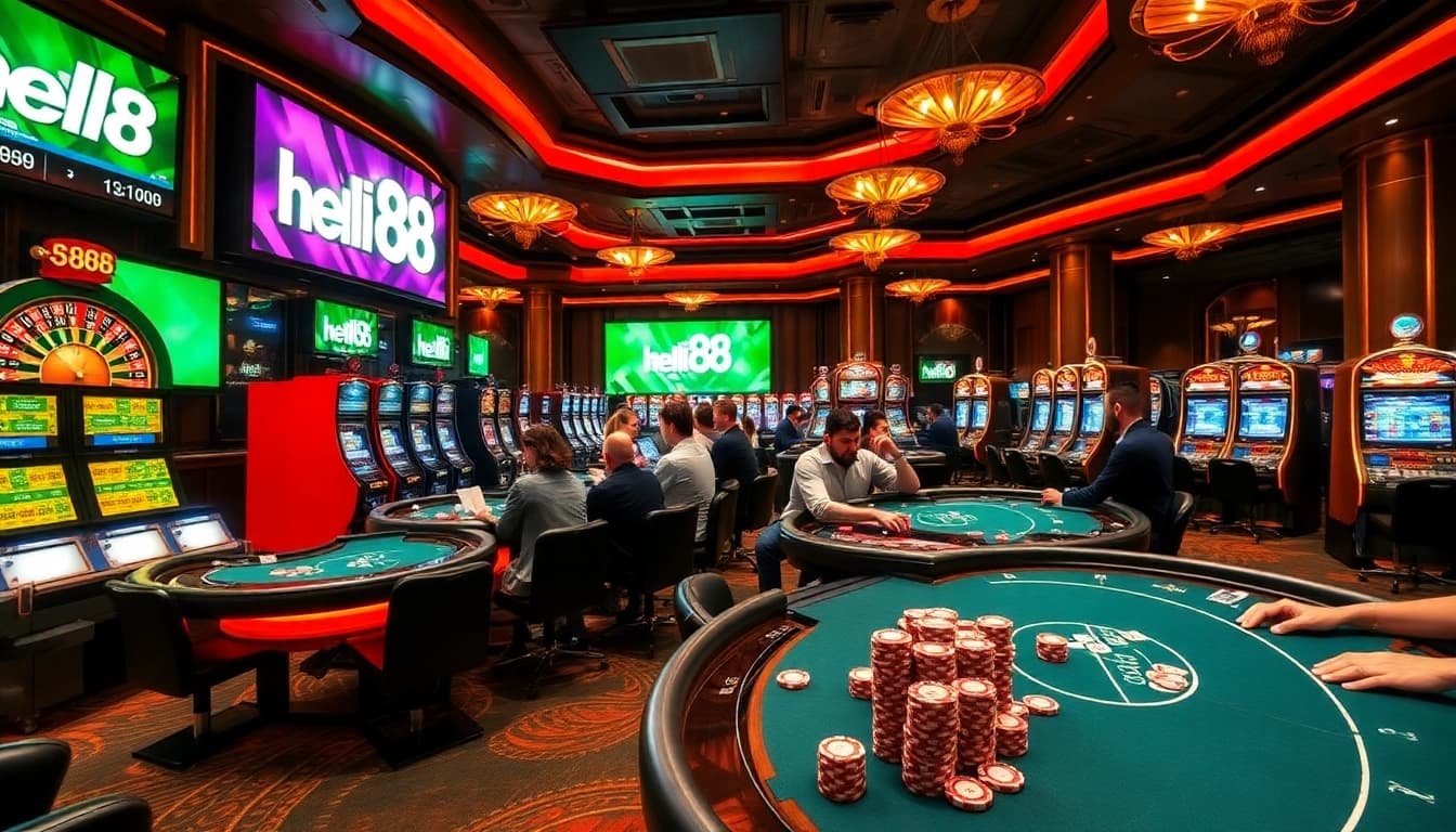 Intense poker game at hello 88 casino, showcasing vibrant colorful tables and excited players.