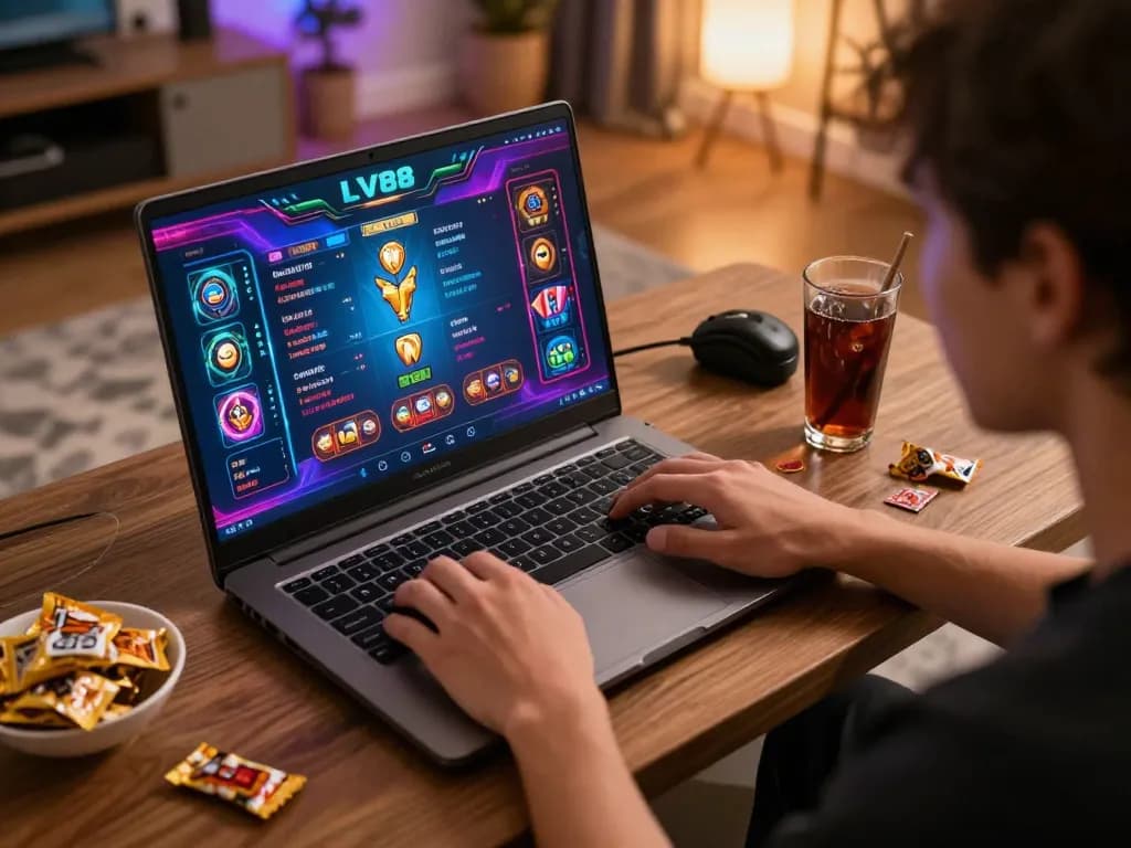Engaged user playing LV88 online casino game on a laptop, showcasing vibrant gameplay.