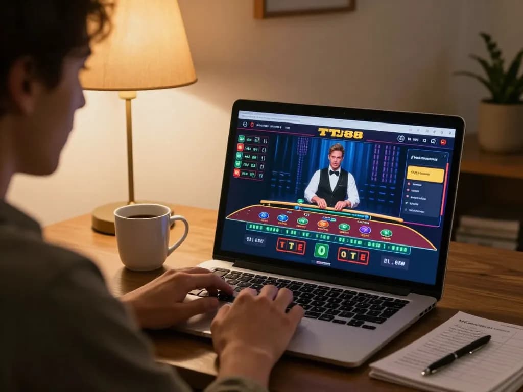Engaging gameplay at home with TT88 online casino, showing laptop screen and focused player.