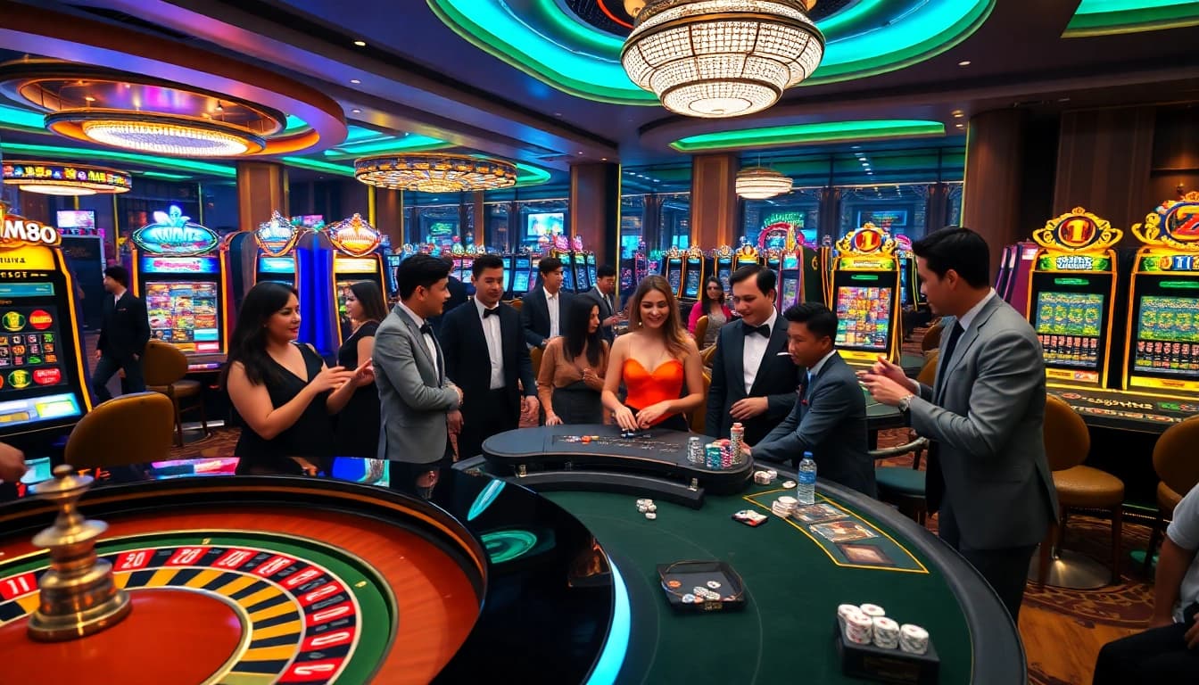 MM88 players enjoying a vibrant casino atmosphere with roulette and slot machines.
