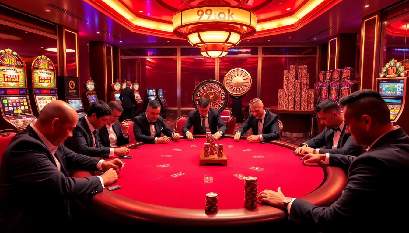 Experience the thrill of 99ok at an extravagant casino poker table with vibrant lights.