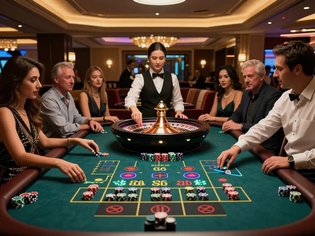 Neng4D players enthusiastically placing bets at a vibrant roulette table in a luxurious casino setup.