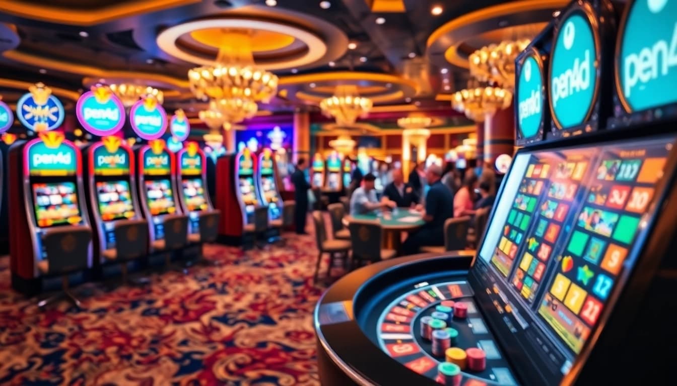 Exciting casino scene showcasing pen4d slot machines and poker action.