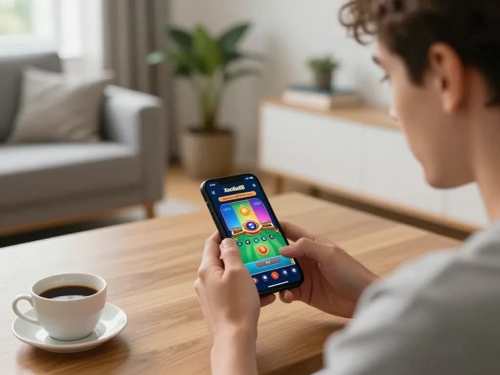 Xocdia88 player using mobile app for online gaming in a cozy living room setting