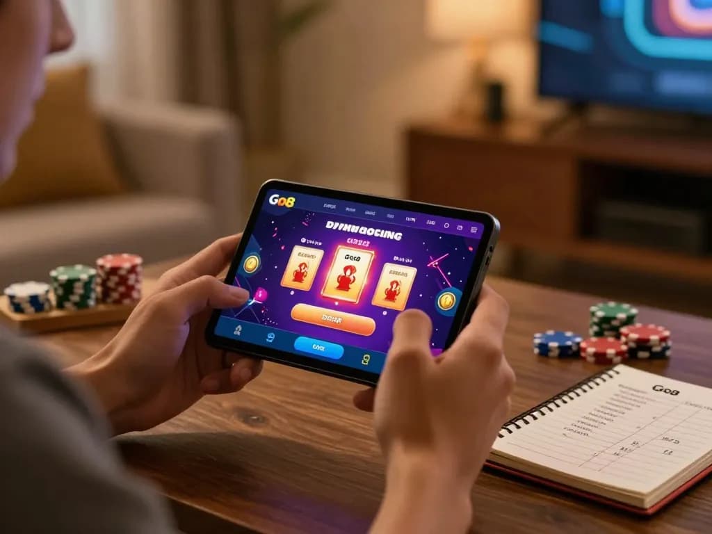 Experience gaming success with Go8 on mobile, showcasing vibrant app interface and strategic notes.