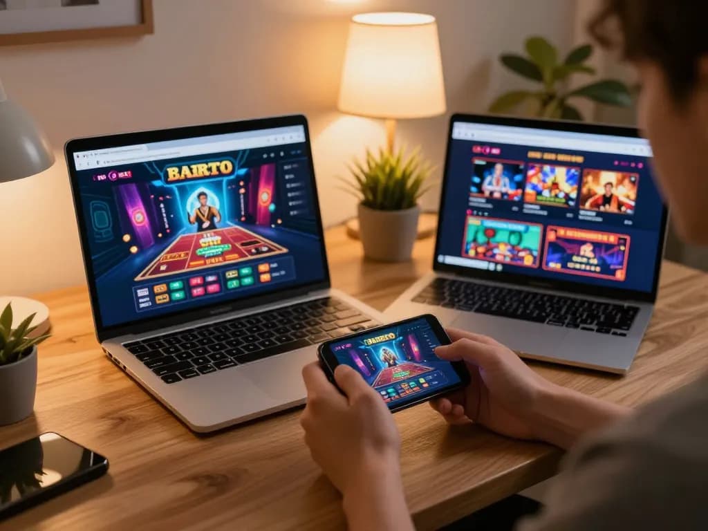 cm88 player engaging in online casino gaming on smartphone, showcasing vibrant casino interface in home office