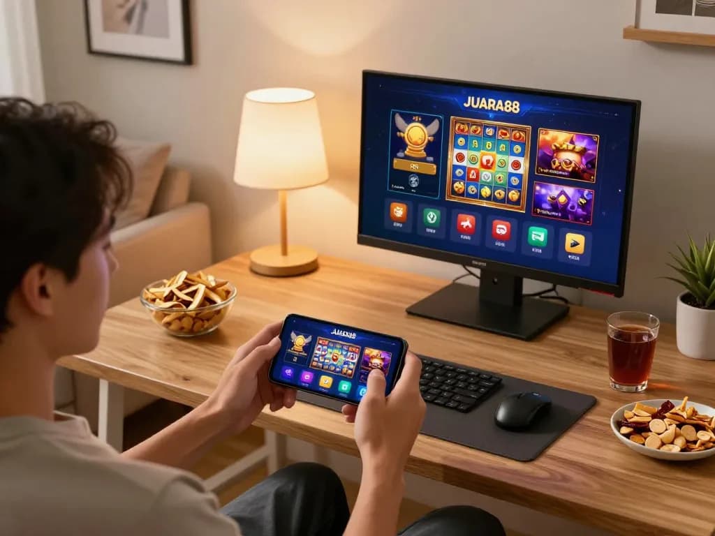 Player engaging with the JUARA88 mobile app for online gaming, showcasing exciting betting options in a cozy atmosphere.