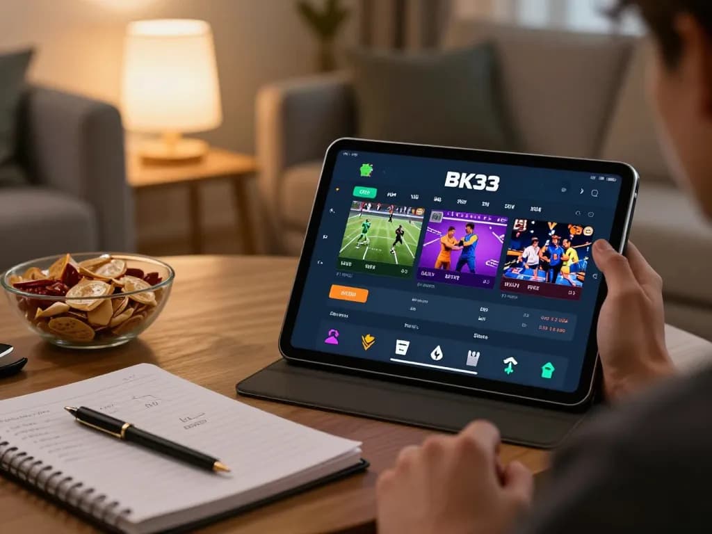 Player using BK33 app for online betting in a cozy home setting with live games.