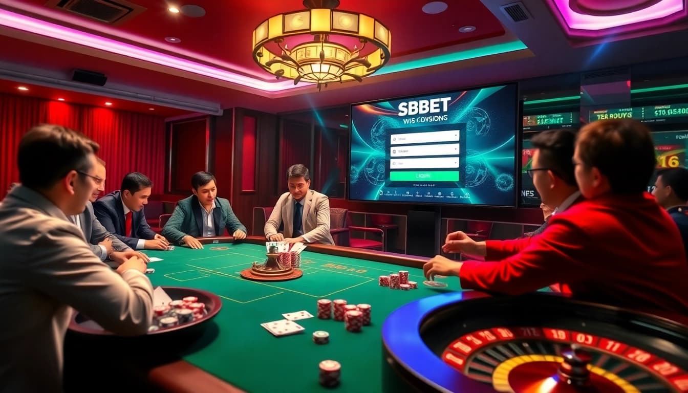 Experience the thrilling sbobet login indonesia with players excitedly engaging at a virtual casino table.