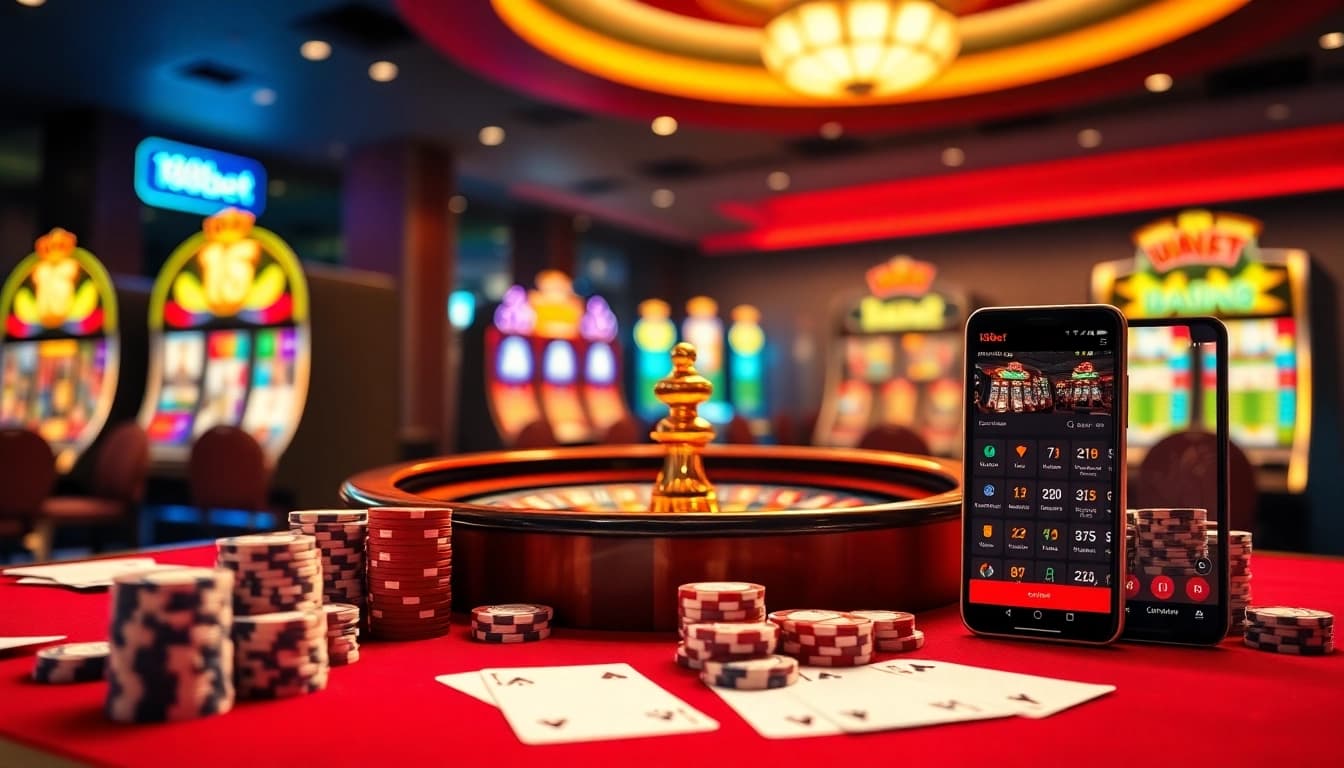 Experience excitement at 188bet with vibrant casino tables, poker chips, and a roulette wheel.