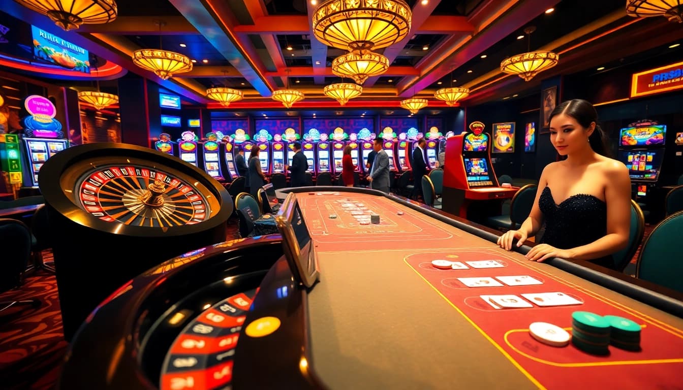 RR88 casino scene with vibrant poker tables, roulette wheel, and slot machines.