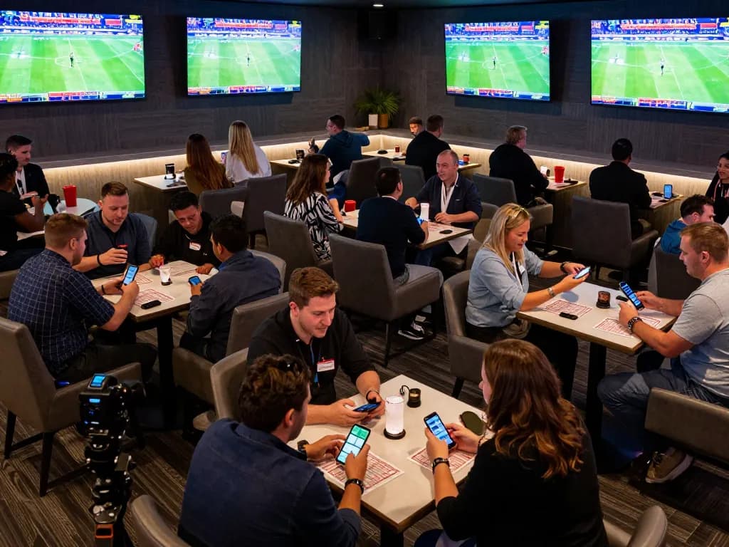 Engaged sports bettors using debet platforms in a vibrant lounge setting