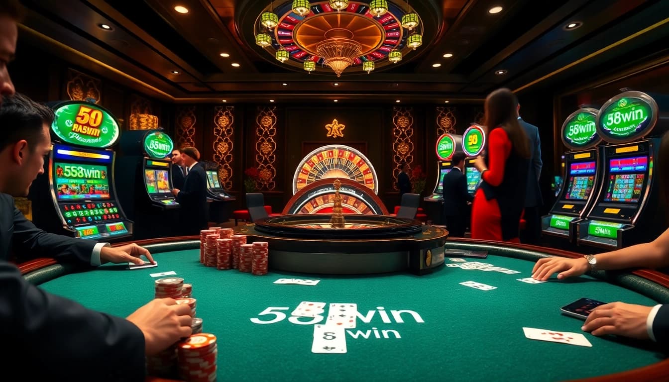 The vibrant scene of a high-stakes poker game at 58win casino, filled with thrilling excitement and luxurious details.