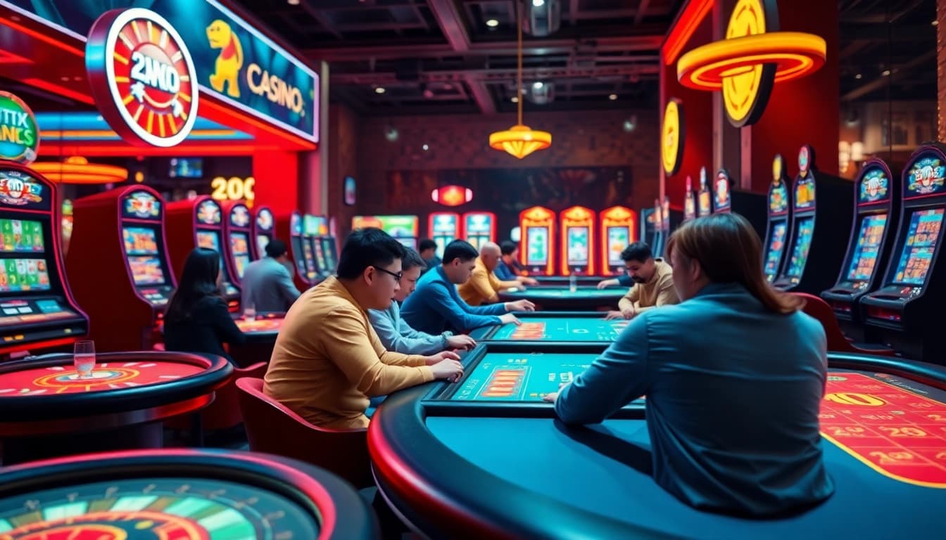 Gamers enjoying the excitement of online casino games at https://go88.bio/, surrounded by vibrant slot machines.
