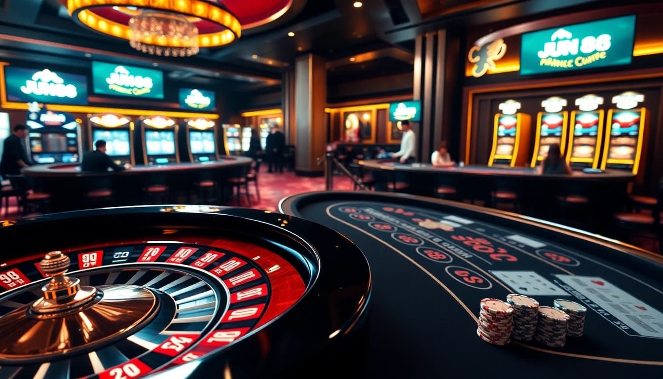 Experience thrilling gaming action at Jun88's luxurious casino with poker tables and slot machines.