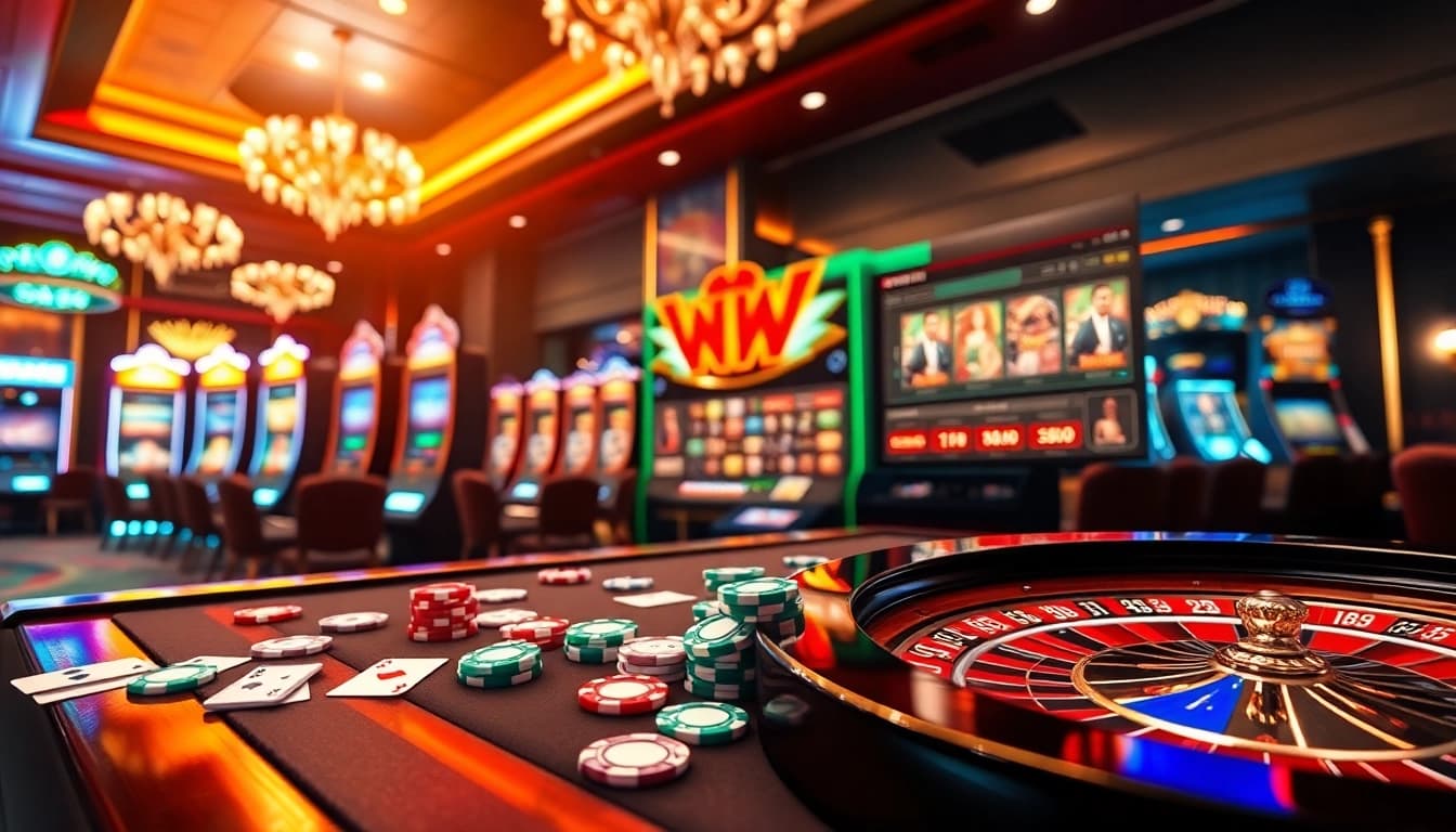 Experience thrilling gaming action with NEW88 in an upscale casino atmosphere featuring slot machines and roulette wheels.