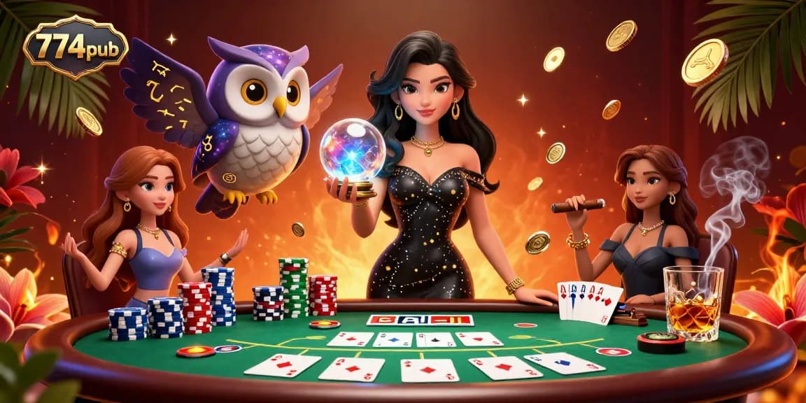 Experience the excitement of gambling with 774pub's stunning 3D casino illustration featuring a mystical woman and poker elements.