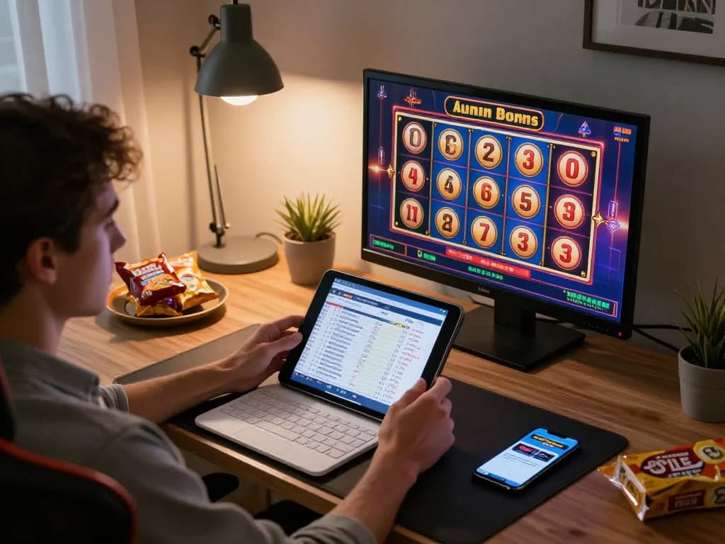 Player engaging with a slot bonus game on a tablet, showcasing interactive online gaming experience.