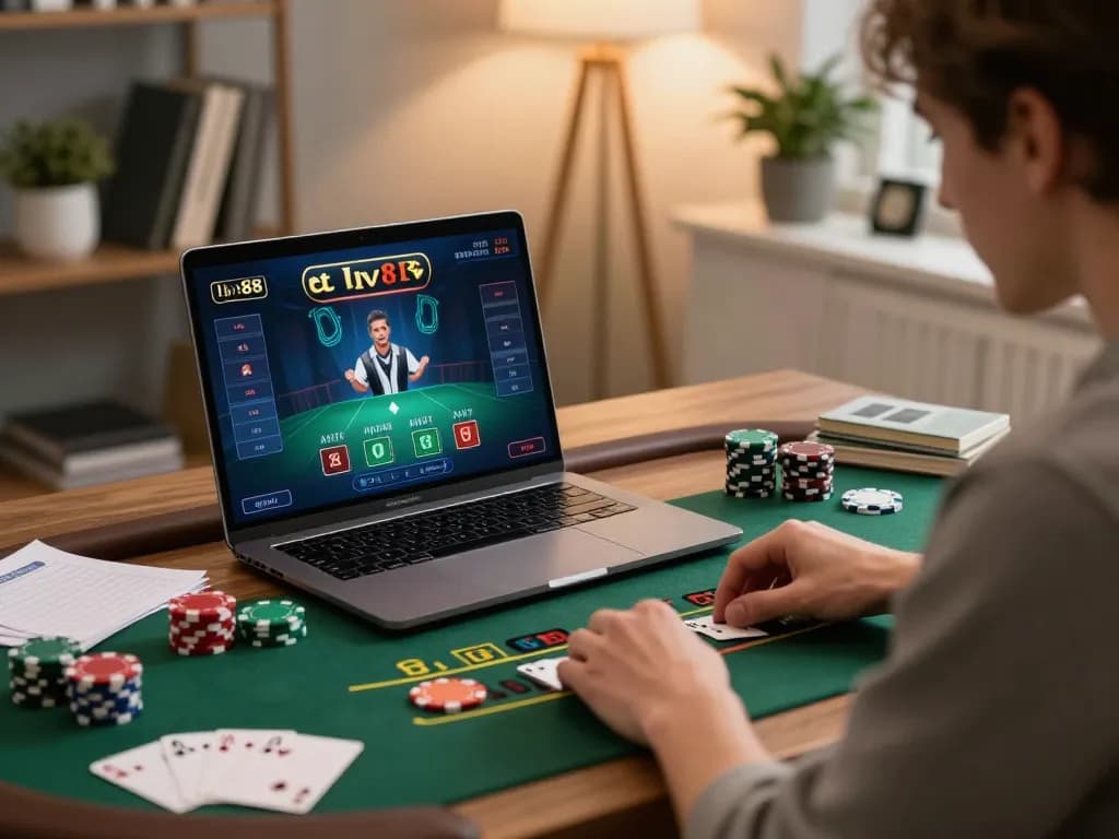 Player strategizing during a live dealer game at LV88 online casino from a cozy home office.