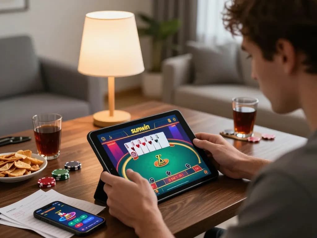 Engaged player utilizing sunwin gaming app on a tablet in a cozy home environment