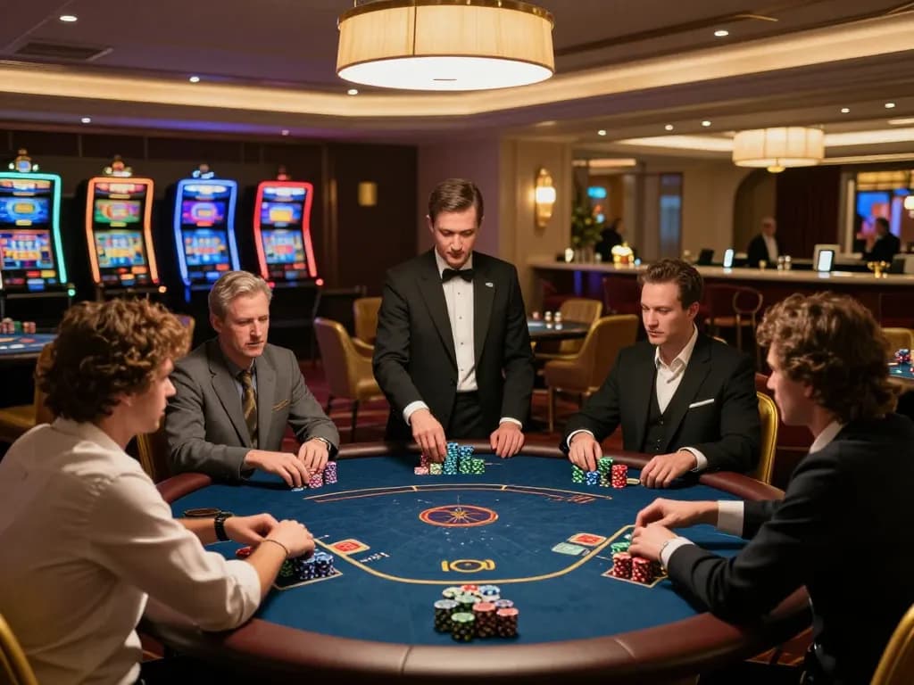 Players strategizing at a Jun88 exclusive poker table in a luxurious casino, showcasing vibrant chips and engaging gameplay
