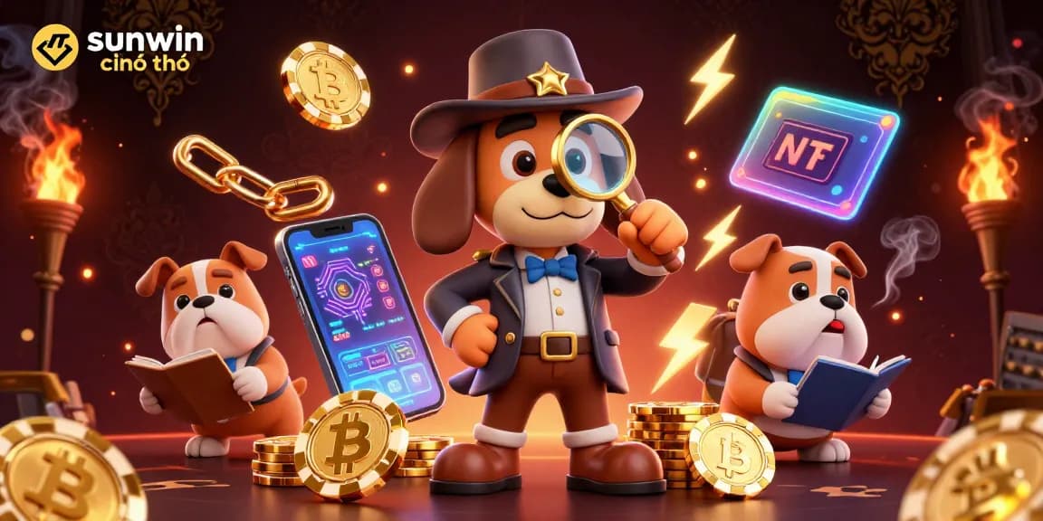 Examine the treasures at sunwin chính chủ with a bloodhound and bulldog, exploring poker clues in a rich casino ambiance.