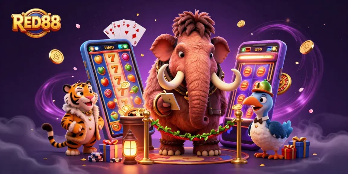 Engage with RED88 as the woolly mammoth bouncer checks IDs outside a vibrant casino scene.