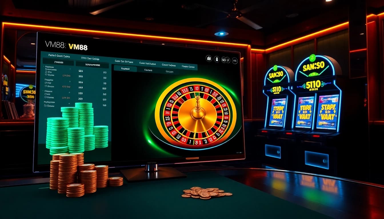 VM88 online casino interface displaying dynamic poker chips, roulette wheel, and slot machines showcasing winning bets