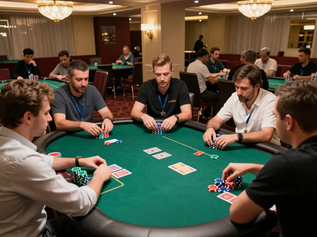 Players competing in a thrilling poker tournament at a casino, highlighting intense gameplay and strategy, featuring the excitement of 789P.