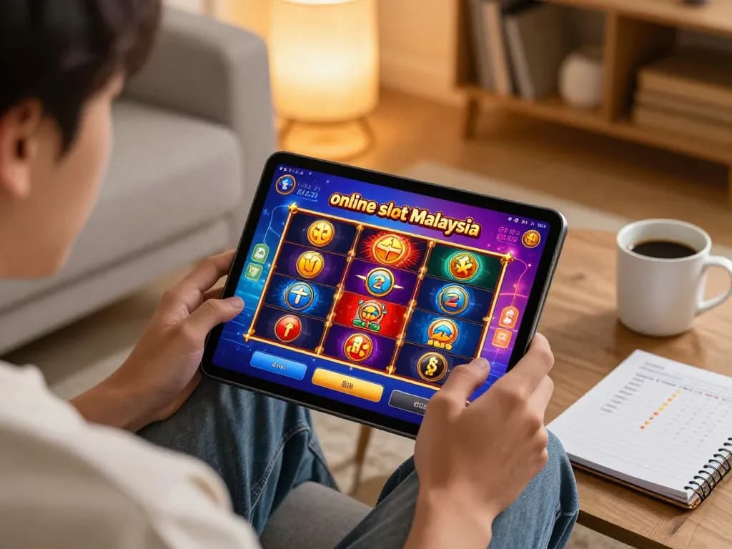 Melibatkan diri dalam permainan slot dalam talian Malaysia di tablet di rumah, mempamerkan grafik yang menarik dan suasana santai.