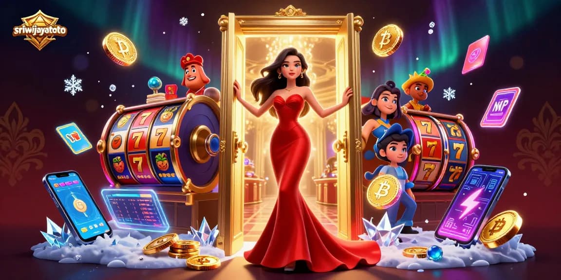 Sriwijayatoto showcases vibrant casino excitement with engaging slot elements and crypto visuals.