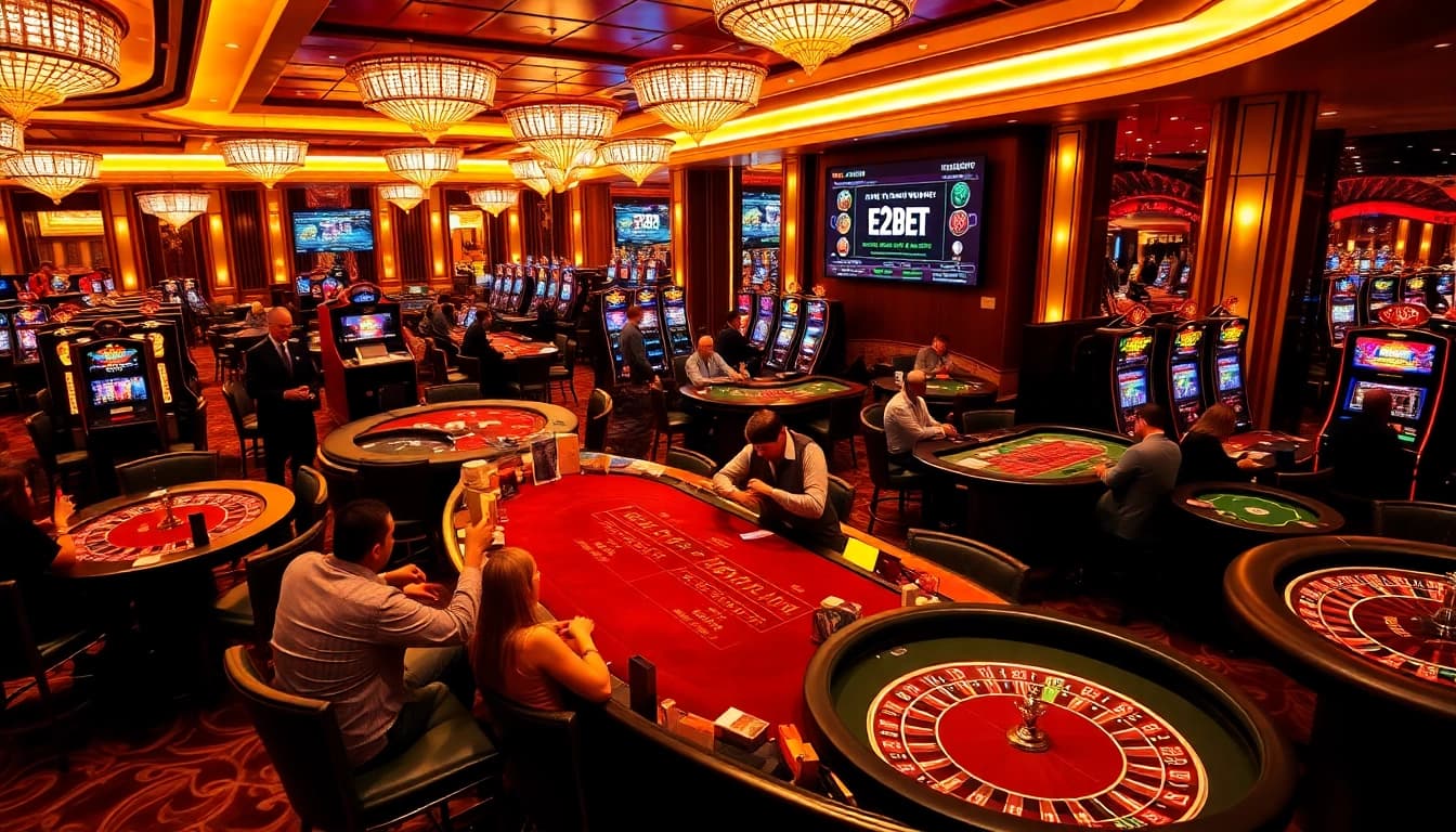 E2bet players enjoying a thrilling casino experience at tables and slot machines.