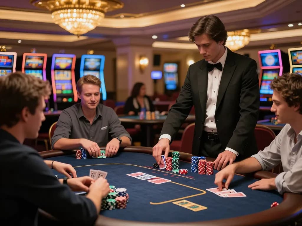 KJC players competing intensely at an elegant poker table, showcasing excitement and strategy in a luxurious casino.
