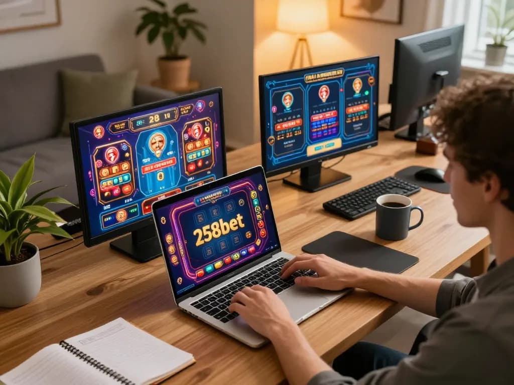 Engaging in gaming experience on 258bet laptop with vibrant casino games displayed