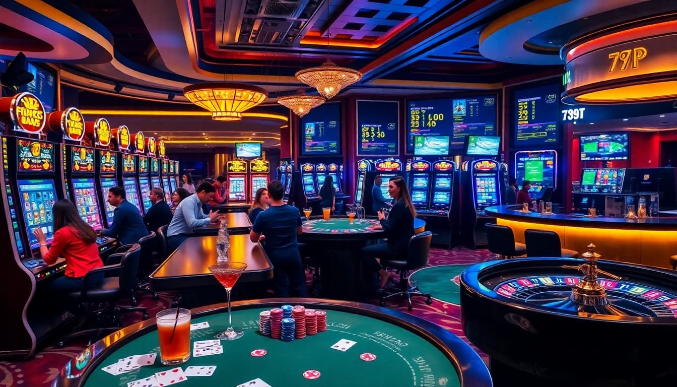 Exciting gambling scene with players enjoying 789P slot machines and poker tables in a luxurious casino.